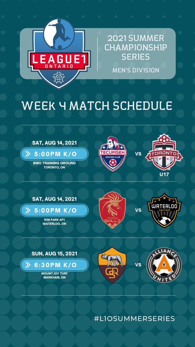 OntarioPLSoccer's tweet photo. 🚨L1O Men's Summer Championship Series Match Week Schedule⬇️

First game kicking off Friday at 8:45pm! 
@tfcacademy vs @stcromawolvesL1 

👉Keep up to date with all upcoming games &amp; results at https://t.co/5vCflTl23C https://t.co/FbfIuyAuW4