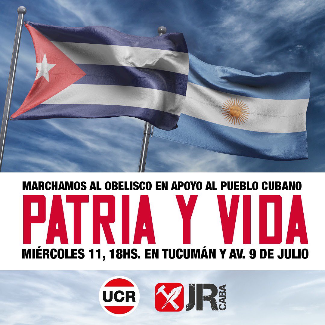 JRxARGENTINA's tweet photo. El pueblo de Cuba necesita nuestro apoyo! La @jradicalcaba marcha al obelisco, acompañanos.
🗓️ Miércoles 11, 18hs.
📍 Tucumán y Av. 9 de Julio
🇨🇺🇦🇷
#UCRunida
#RadicalesxArgentina https://t.co/lrUfgH1sn0