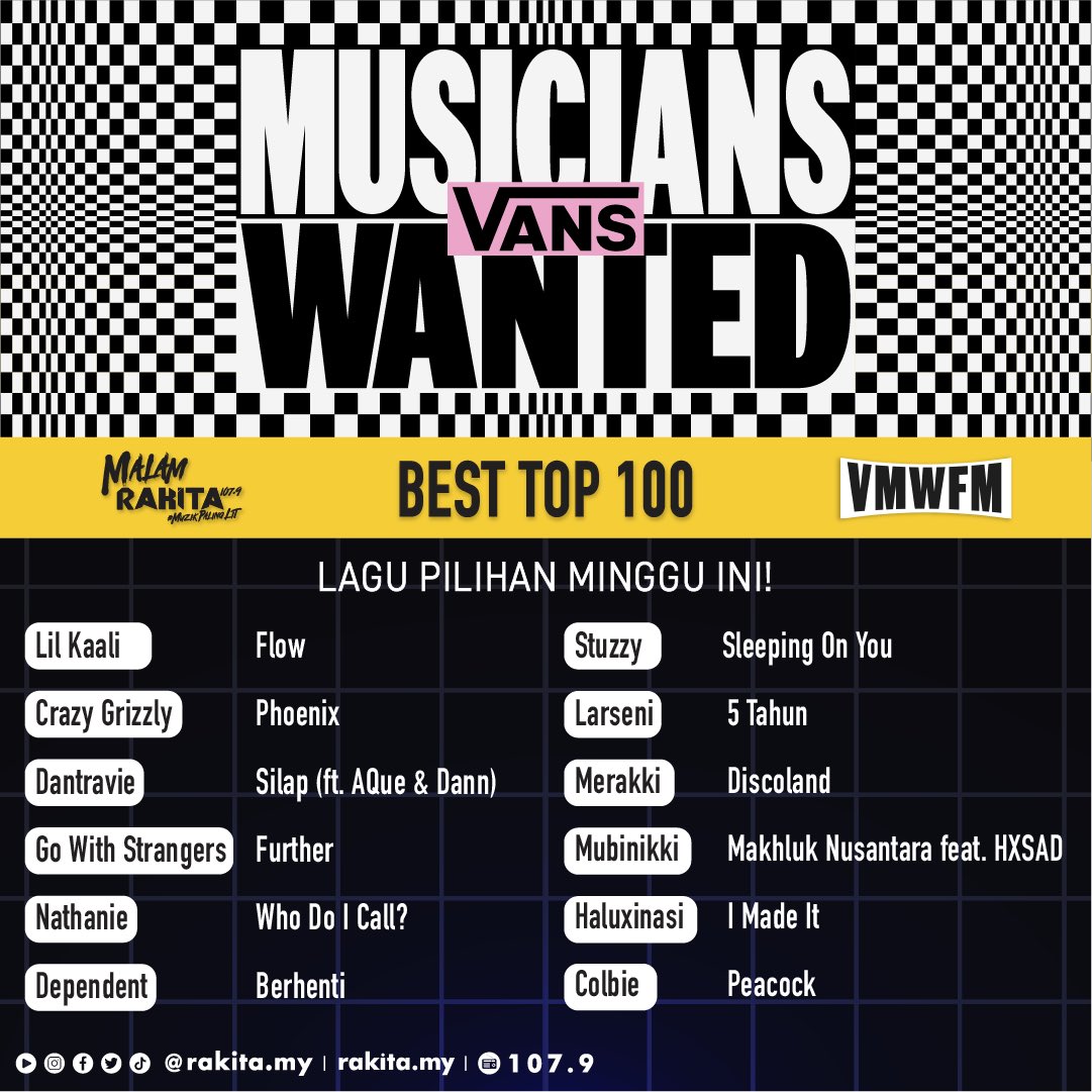 🏁 Dengarkan VMWFM atau Vans Musicians Wanted FM Eksklusif di Rakita 107.9 setiap Rabu, dari jam 10 - 11 malam bersama Bob dan Atoi! 📻

Kami akan mainkan lagu-lagu yang terpilih daripada penyertaan #VansMusiciansWanted. Swipe kiri untuk lihat lagu pilihan Rakita minggu ini! 🔥💯