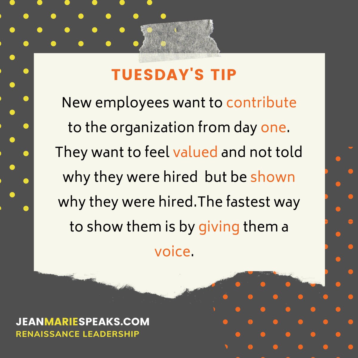 New employees want to contribute to the organization from day one. When you shift the on-boarding process from pushing information out to seeking wisdom within, you  increase engagement and inspire them to contribute in the future. 
tuesdaystip #newemployees #onbaoarding