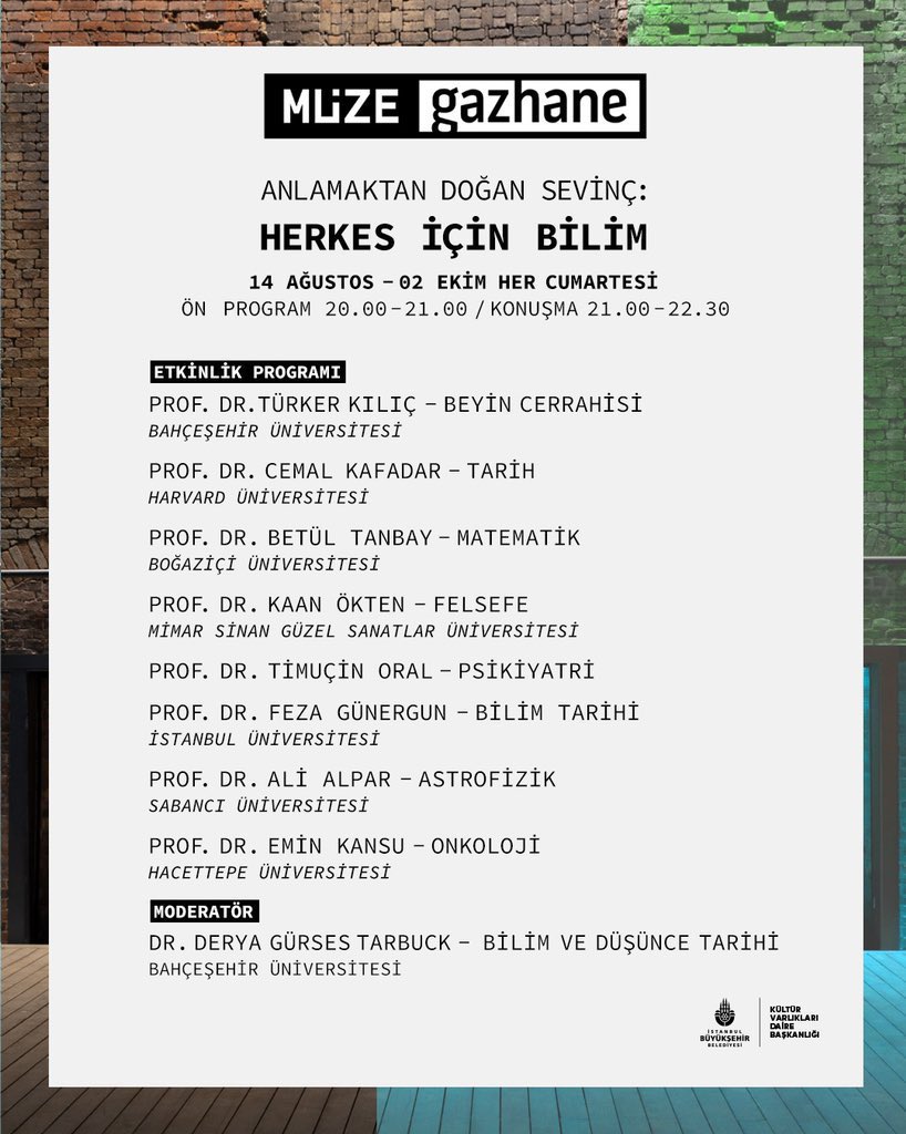 Okulumuzun değerli hocalarından <a href="/DGTarbuck/">Derya Gurses Tarbuck</a> moderatörlüğünde gerçekleşecek olan ‘Herkes İçin Bilim’ konuşmalarının ilki Sayın Tıp Fakültesi Dekanımız Prof. Dr. Türker Kılıç’ın ilham dolu konuşmasıyla 14 ağustos’ta Müze Gazhane’de gerçekleşecek. Tüm EMSAi’leri davet ediyoruz!