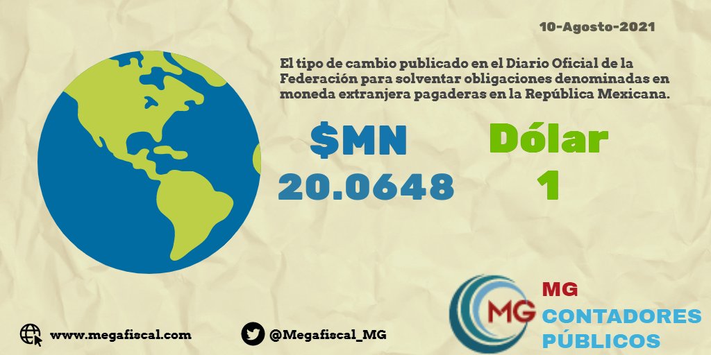 Megafiscal_MG's tweet photo. 10-08-21 Se publica @DOF_SEGOB el #TipoDeCambio es de $20.0648 por un #dólar de los EE.UU.A
Tasas de Interés Interbancarias de Equilibrio en moneda nacional a plazos de 28 y 91 días fueron de 4.5125 y 4.5800 por ciento, respectivamente.
#FelizMartes #BuenMartes https://t.co/2kklnircGr