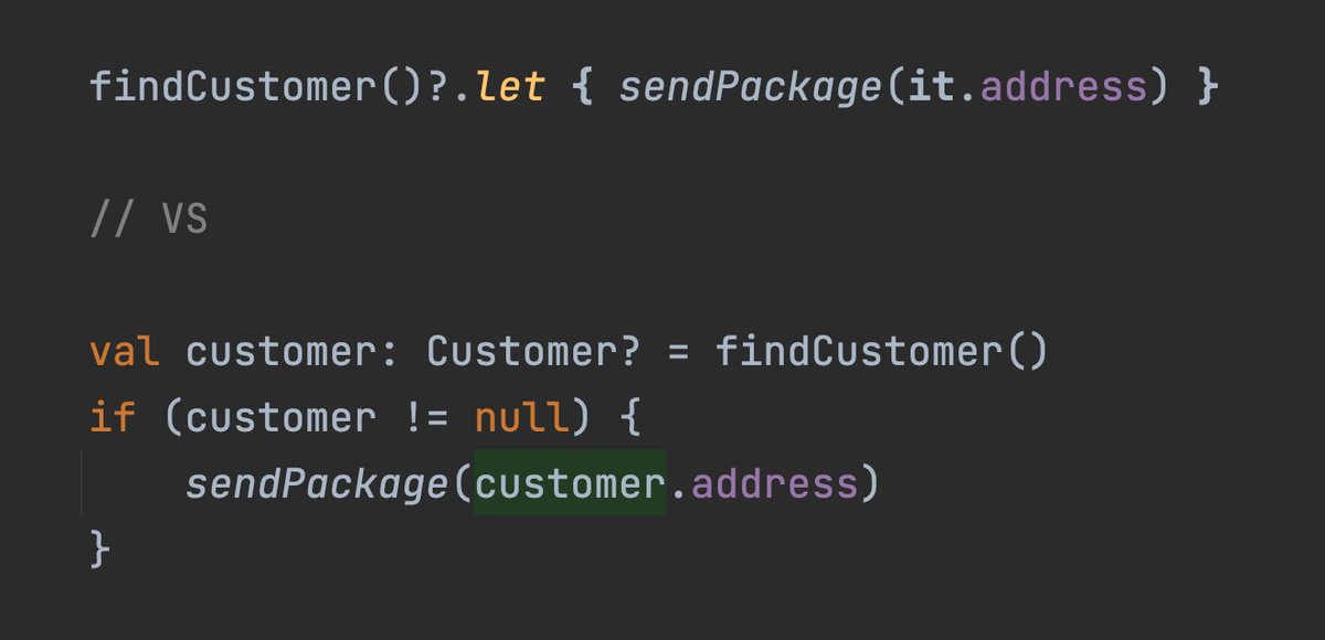 kotlin's tweet image. #KotlinTips
Using ‘let()’ can be a concise alternative to null-checking with an ‘if’ expression. With ‘let()’ there is no need for an extra variable, which can be quite useful in some situations.