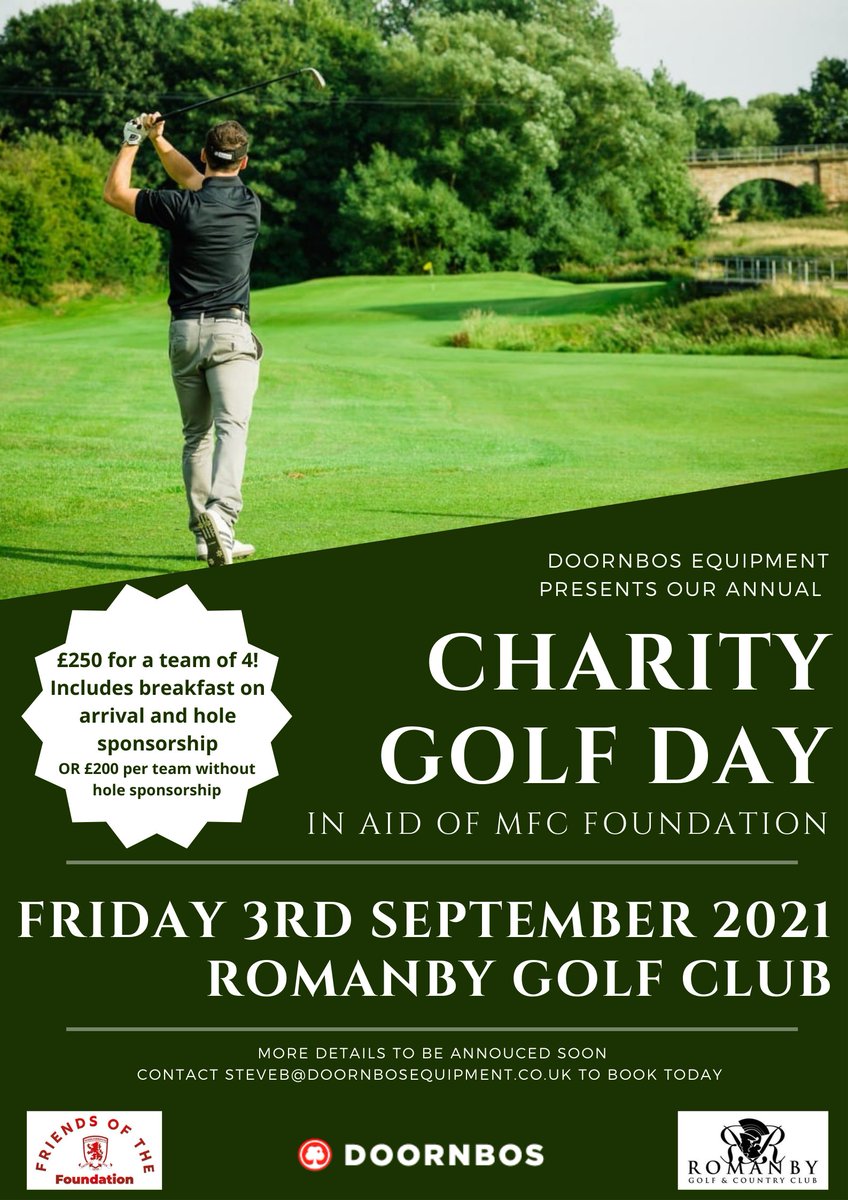 Tickets for our Annual Golf Day in aid <a href="/MFCFoundation/">MFC Foundation</a>  at Romanby Golf Day are now available! ⛳

Tickets are £250 with hole sponsorship or £200 without.
To book your space contact steveb@doornbosequipment.co.uk or reply to this post 👇

#golfday #fundraising #doornbos #charity