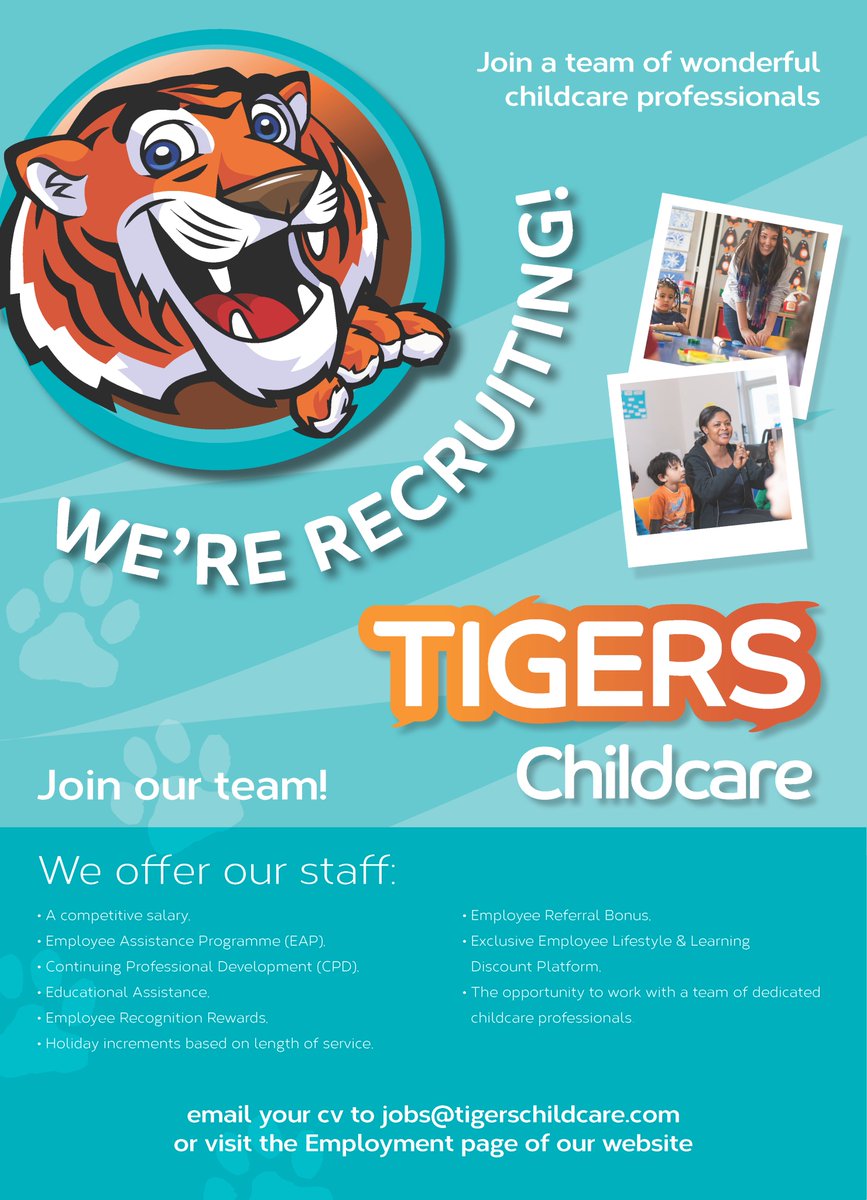 igers Childcare are looking to fill the postions below:

Afterschool centre manager- *Clonsilla, Dublin 15
30 Hour per week

AIM support Early Years Educator- Glasnevin, Dublin 11
Part time position, 20 hours per week.

Apply by sending your cv to jobs@tigerschildcare.com today