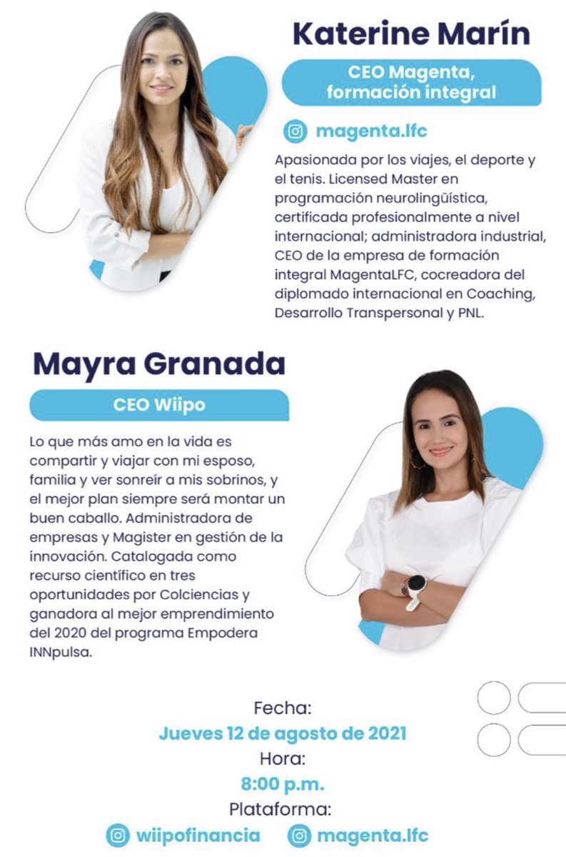 WiipolFinancia's tweet photo. Este Jueves 12 de Agosto te tenemos una invitación muy iWOOW!  🤩🥳

dos expertas hablarán de:
 “Empresas conscientes = Resultados extraordinarios” 

Conéctate y acompáñanos a las 8:00 pm 🚀
iLOS ESPERAMOSSSS!!         

 #Finaciamostuspólizas #Créditosdigital #Seguros https://t.co/eaqYJs11fT