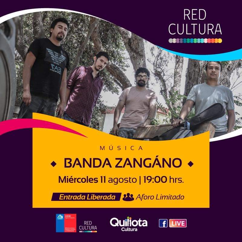 ¡Seguimos con actividades presenciales!
Desde Hijuelas nos visitará la banda Zangáno, quienes buscan mediante su música mezclar sonidos “vintage” con melodías actuales.
Miércoles 11 de agosto a las 19:00hrs.