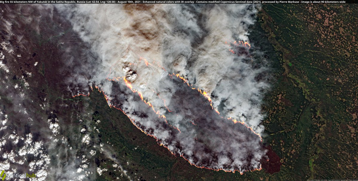 Satellite image of a big fire 55 kilometers NW of Yakutsk in the Sakha Republic, Russia. 10 August 2021. Copernicus/Pierre Markuse