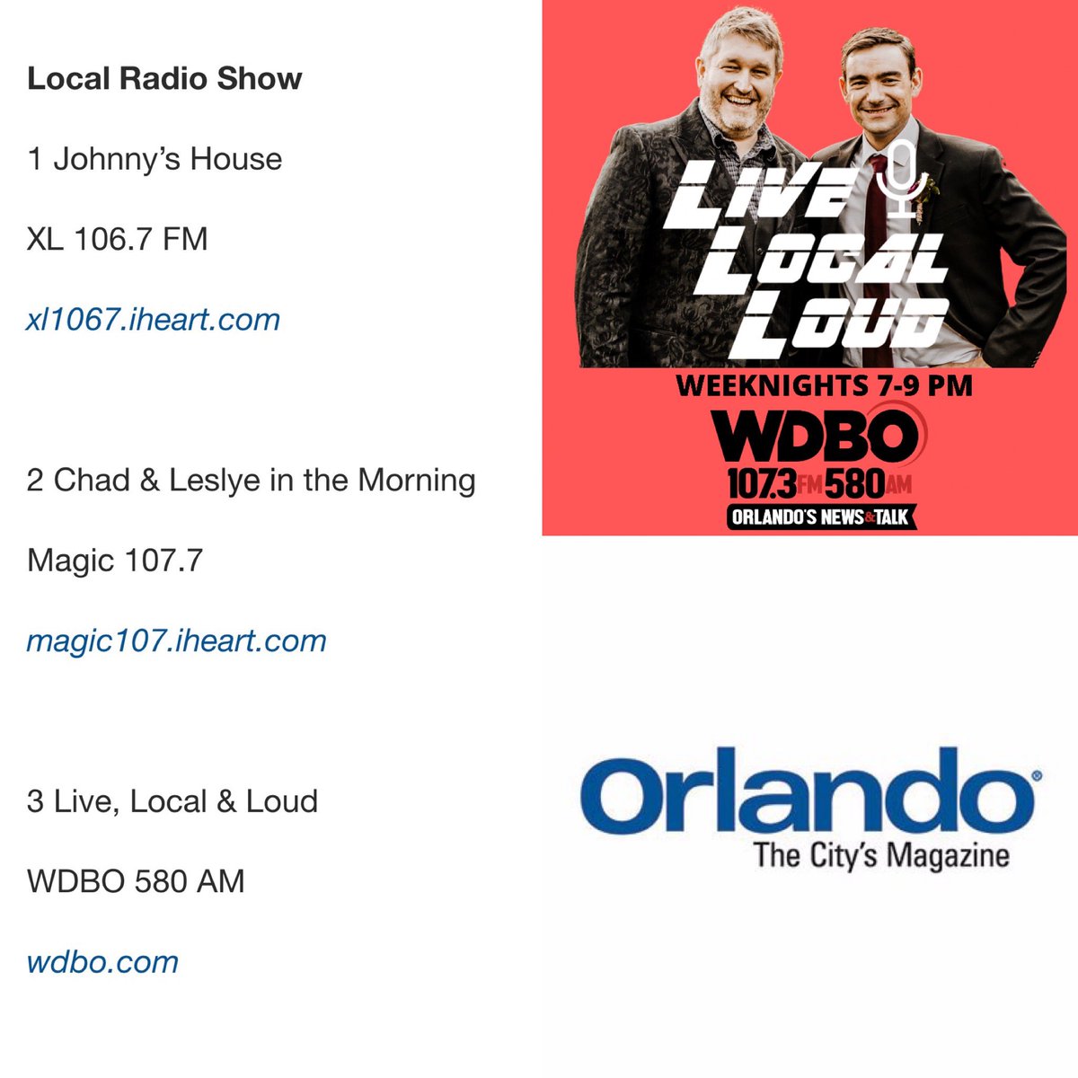 Huge honor for <a href="/livelocalloud/">@LiveLocalLoud</a> to finish 3rd in <a href="/OrlandoMag/">Orlando Magazine</a>’s “Best of Orlando” poll for “Best Orlando Radio Show.”

<a href="/TheJerryDaniels/">The Jerry Daniels</a> and I are humbled &amp; amazed at how much support all of you  give to our show. We are glad we can entertain you 7-9p on <a href="/WDBONews/">WDBO</a>. Thank you!