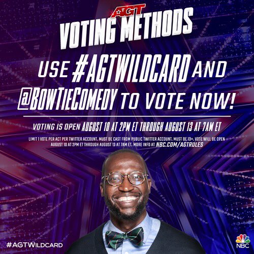📣 VOTING IS OPEN! 📣

Help Mike advance to the <a href="/AGT/">America’s Got Talent</a> live shows with the tweet below👇🏾

#AGTWildCard <a href="/BowtieComedy/">ComedianMike Goodwin</a> 

Voting ends at 7AM EST Friday, August 13 ⏳ 

Thanks for your votes and RTs!