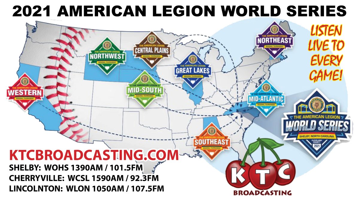 Listen Live to every American Legion World Series tournament game online at KTCbroadcasting.com and on the radio in Shelby 1390AM / 101.5FM, in Cherryville 92.3FM / 1590AM, in Lincolnton 1050AM / 107.5FM #KTCsports #ALWS21