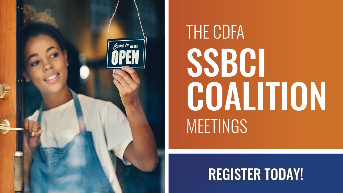 Join us this Friday, August 15th, for the next SSBCI COALITION MEETING. CDFA will facilitate discussions that allow for networking, peer knowledge sharing, and problem-solving. 

Learn more and register at cdfa.net/e/SSBCI-Coalit…