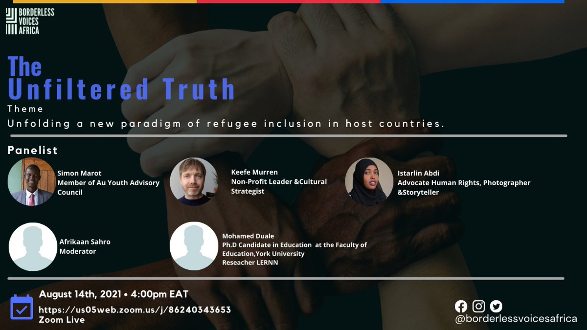 B_Voices_Africa's tweet photo. Join for the 2nd Edition of the #Unfilteredtruth ,Theme Unfolding a new paradigm of refugee inclusion in host countries.https://t.co/Ghstb45SJb
REGISTER!!! Live Zoom Meeting.@mohamedduale_ @keefemurren @istarlin30 @marot_touloung @Afrikaanist https://t.co/pQqmwoytTy