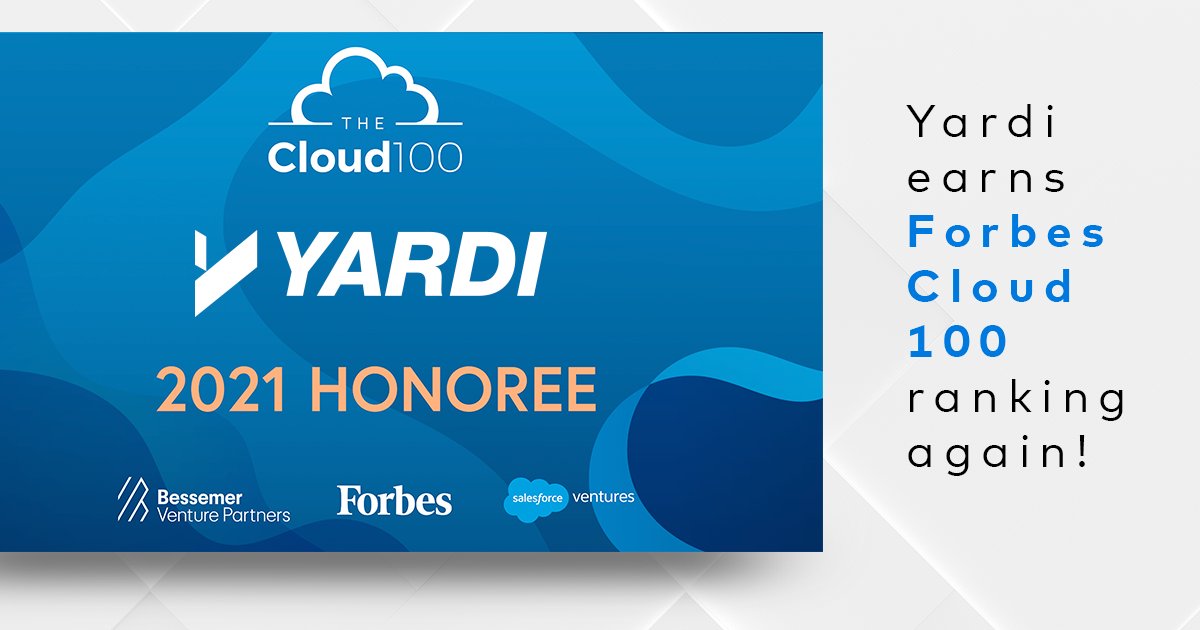 Yardi's tweet photo. Big news! Yardi has been named for the sixth time to the @Forbes #Cloud100, the definitive list of the top 100 private cloud companies in the world. Keep reading at https://t.co/i7A5ABXoYR. https://t.co/Q44i22s8X9