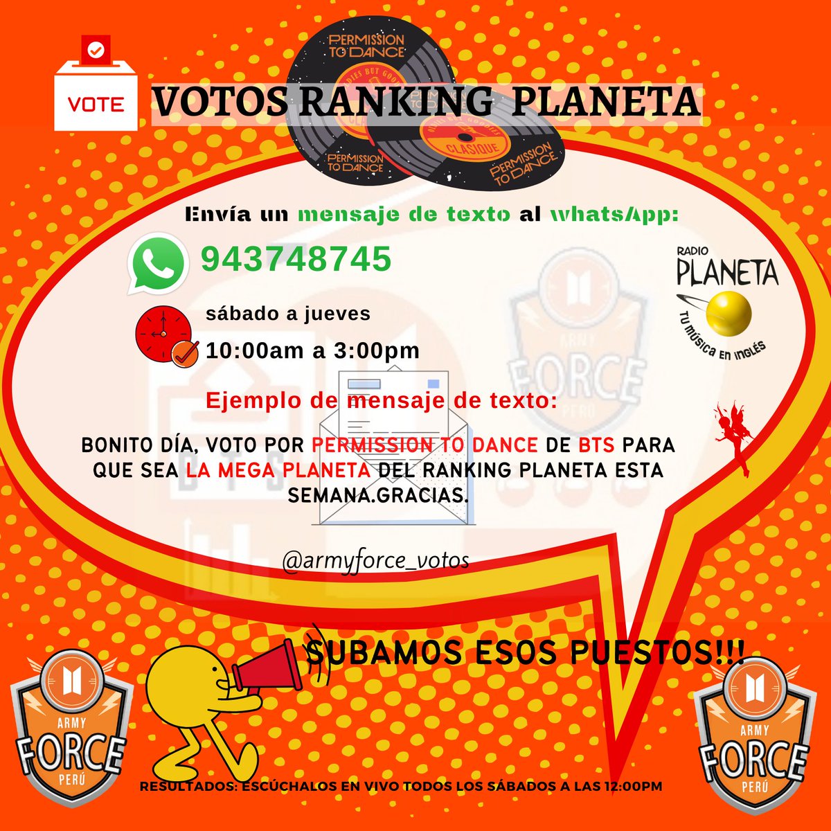 🗳VOTOS RANKING PLANETA📻🇵🇪 

❤️‍🔥¿Dónde?😱Envía un mensaje✍️al🟢WhatsApp📲943748745

❤️‍🔥¿Cómo?💁‍♀️EJEM:Linda tarde,voto por Permission to Dance de BTS para que SEA LA MEGAPLANETA del Ranking Planeta .Gracias🚨Varía palabras

❤️‍🔥RT🔃DEJA TU SS➕VOTA AQUÍ en TW⬇️

#BTS  <a href="/BTS_twt/">방탄소년단</a> 

✨🧚‍♀️
