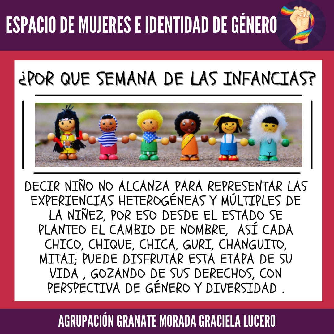 Sabes xq algunas decimos semana o dia de la infancia? 
Desde la sec. de niñez, adolescencia y flia se propuso renombrar está jornada, para darle un marco más inclusivo en cuanto a género y realidades de lxs niñxs. INCLUSION, RESPETO y DIVERSIDAD SIEMPRE ❤💜🌈