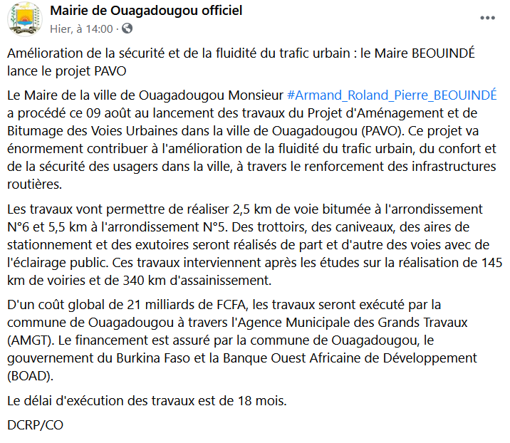 PATTHEBURUNDIAN's tweet photo. #Ouagadougou: Coût global d 21 milliards de #FCFA, les travaux seront exécuté par la commune de Ouagadougou à travers l'Agence Municipale des Grands Travaux (#AMGT). Le financement est assuré par la commune de Ouagadougou, le gouvernement du Burkina Faso et #BOADLe délai/18 mois. https://t.co/EEBvQwO5hj