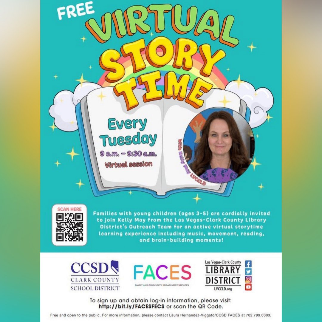 NVMHEC's tweet photo. Don't have time to tell your kiddos a story?
Kelly May has you covered every Tuesday virtually from 9-9:30!!!
Scan the QR code on the image and go to Kelly's fun filled session!
@LVCCLD @CCSD_FACES @ClarkCountySch
#LVCCLD #UFLOnline #CCSDReads #CCSDFACES #1ForKids #1ParaLosNiños https://t.co/VwuBTIBPbz
