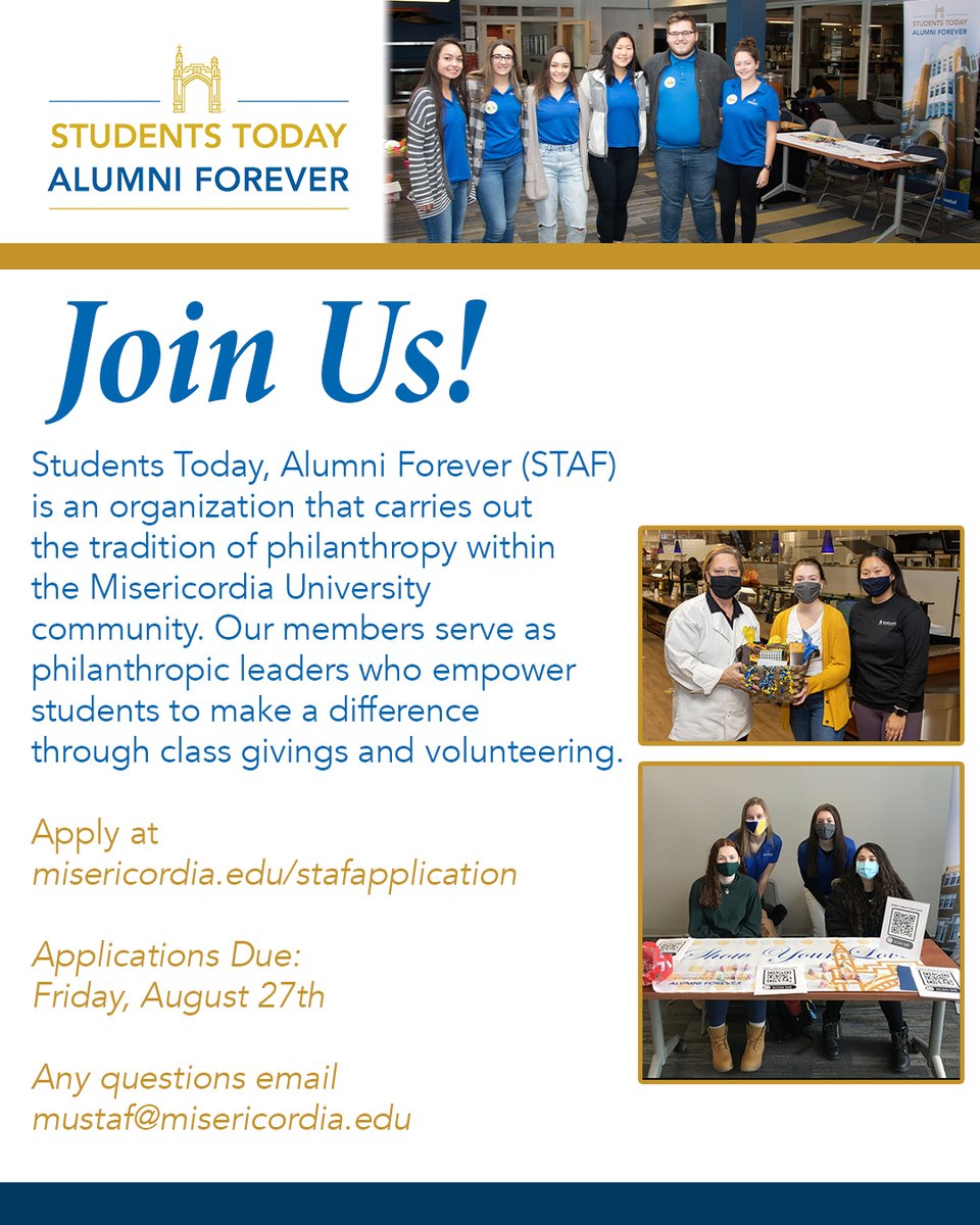 MiseriSTAF's tweet photo. Class of 2025 and Upper-Level Students: Interested in advancing your personal and professional development? Want to advance @MisericordiaU's mission? Fall applications are now open!💙💛

Apply Today: https://t.co/EgELuuXBfW https://t.co/SQECmbrapH