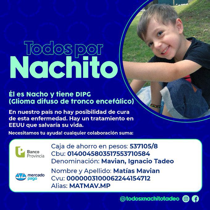 Muchachada, Nachito tiene una enfermedad de esas que cuestan un huevo de guita. Entre todos podemos llegar a juntar esa plata donando lo que puedan
Acá 👉linktr.ee/NachitoTadeo

Y lo más fácil…meterle un RT a esto con el HT #TodosXNachitoTadeo o etiquetando gente q pueda ayudar