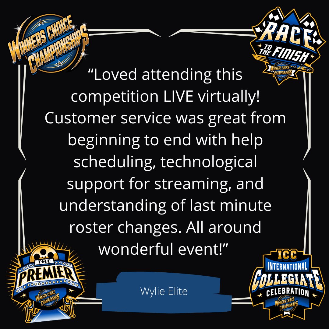 Winners Choice Championships Live &amp; Remote events:
✅ Live performances
✅ Live judging 
✅ Live coverage 
✅ Live interviews 
✅ Live comments 
✅ Live fan voting 
✅ Live results 

See what <a href="/wylieelite/">Wylie Elite</a> had to say about their experience last season! 

Thewinnerschoicechampionships.com