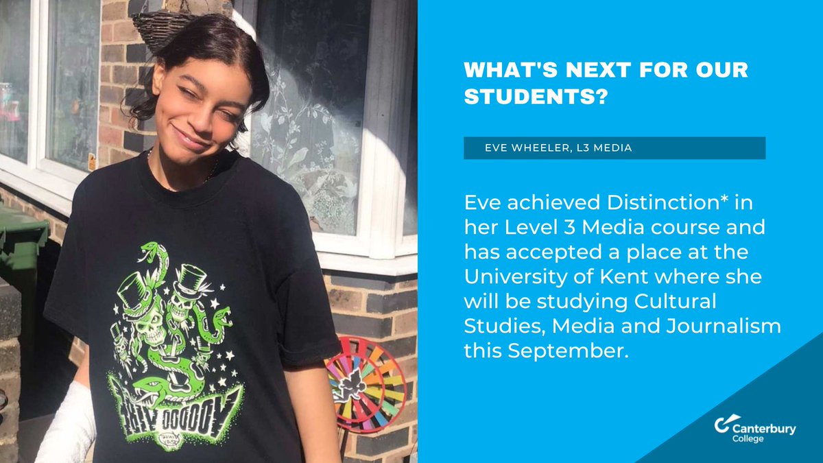 canterburycoll's tweet image. Fantastic news for Eve, who studied Media (Creative Writing and Print Journalism) with us this year and received a Distinction* today. She&apos;ll be heading to @UniKent in September to begin her Cultural Studies, Media and Journalism course!