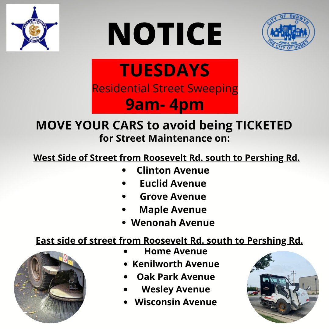 City of Berwyn on Twitter "Residential Street Cleaning Schedule Notice