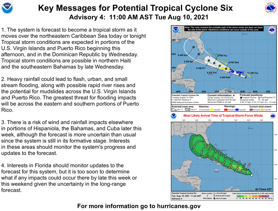 NHC_Atlantic's tweet photo. Here are the 11 AM AST Key Messages for Potential Tropical Cyclone Six. #Six More info: https://t.co/9hNSL6qFzS https://t.co/la66aaIMBE