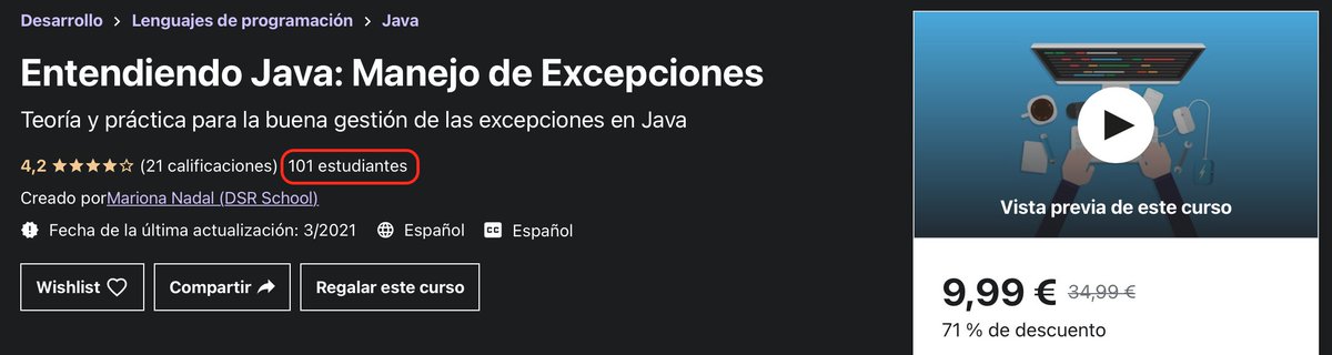 MarionaJava's tweet image. Y con las dos inscripciones de ayer, el curso en Udemy Entendiendo Java: Manejo de Excepciones superó los 💯 estudiantes inscritos!!!
¡¡Gracias a todos!!
udemy.com/course/entendi…
¡¡Aprovecha que ahora está a 9,99!!
#aprenderJava