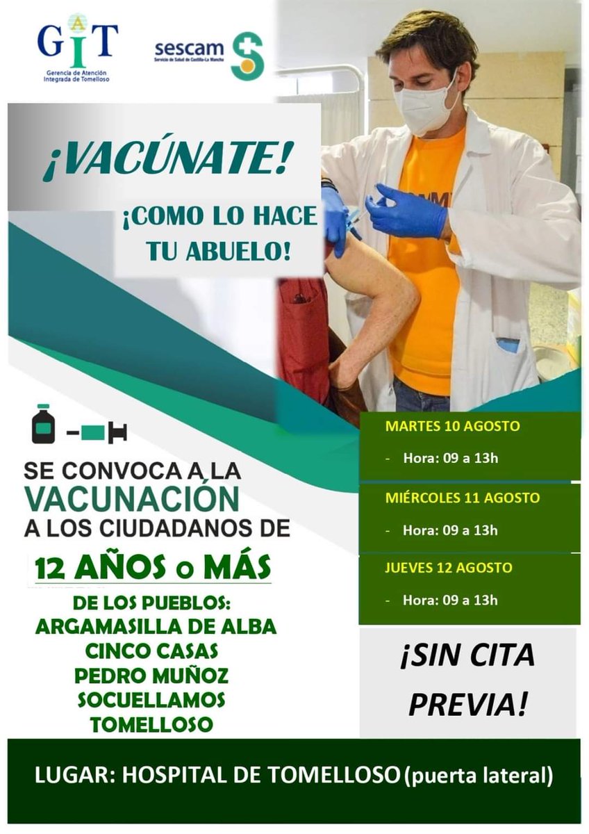 BoticaManchega's tweet photo. Comienza la vacunación a mayores de 12 años en el área de Tomelloso sin necesidad de pedir cita previa.

#coronavirus #covid #vacunas #vacunacovid #vacunascoronavirus #BoticaManchega #argamasilladealba #cincocasas #pedromuñoz #socuellamos #tomelloso https://t.co/AeBEXKdGhR