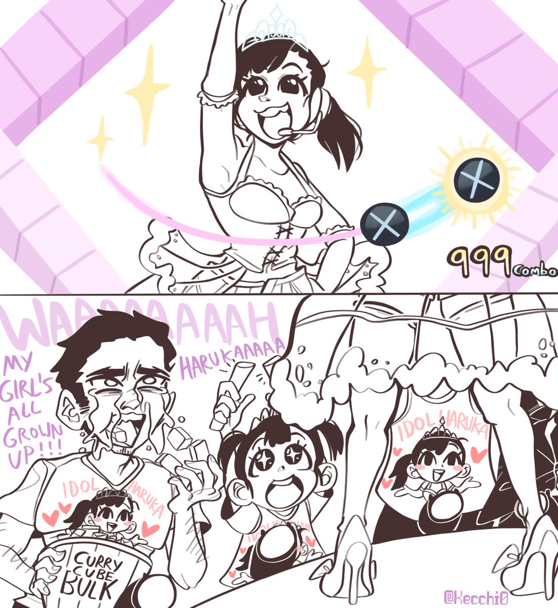 Oddly specific meme of Kiryu from Yakuza crying and watching Haruka perform at a concert and eating a bucket of curry cubes as he is overwhelmed with happiness for @TheSpeakerGreen 