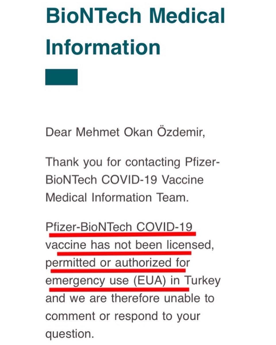 opdrokanozdemir's tweet photo. İster yaz masalı ister kış masalı anlatın,farketmez.
Ben kendi adıma Biontech firmasından aldığım cevaba bakarım.”C👿VID 19 
A$$$Ilarımızın Türkiye’de lisansı,izini ve Acil Kullanım Onayı bulunmamaktadır.”Cevap benim için gayet net ve şüpheye meydan bırakmayacak şekilde açık. https://t.co/c1sh6xRL1b