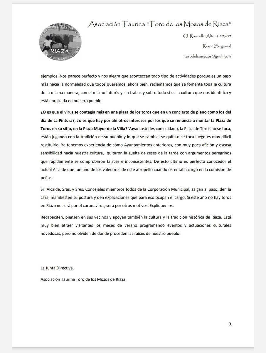 Aquí os dejamos la carta abierta a los miembros de la Corporación Municipal del ayuntamiento de Riaza.
#sialostorosenriazaen2021
