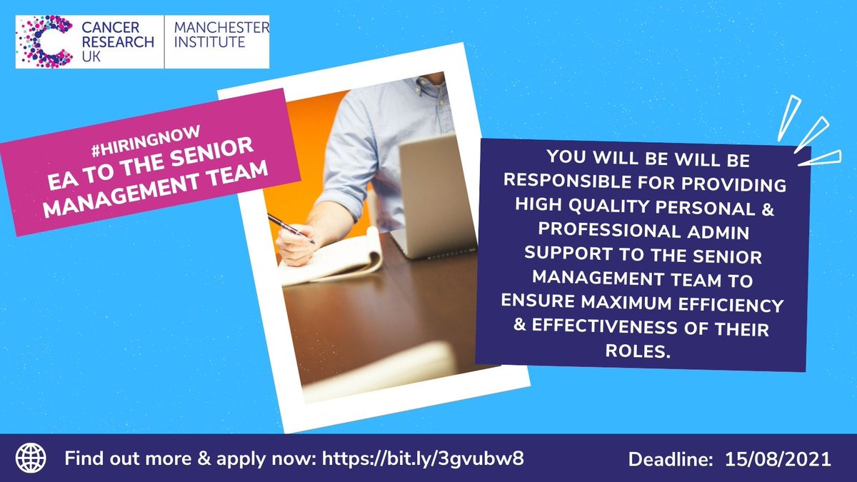 CRUK_MI's tweet photo. If you have #admin experience and are looking for a new #job, we are looking for you! We are #hiring an Executive #Assistant to the Senior Management Team (Maternity Cover). ⏰Just 5 days left to apply! Don't miss your chance! https://t.co/hgZPzs1Bze #AdminJobs #JobVacancy https://t.co/A4QnBKihzA