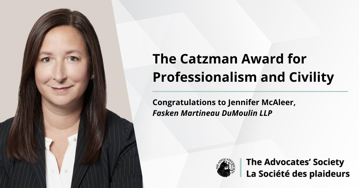 Advocates_Soc's tweet photo. Congratulations to Jennifer McAleer of @FaskenLaw, recipient of the 2021 Catzman Award for Professionalism and Civility. The award will be presented at the Opening of the Courts Ontario on Sept 14, 2021  #TASProud Learn more: https://t.co/LVHA6yVJFl https://t.co/7zjh1NLYlv