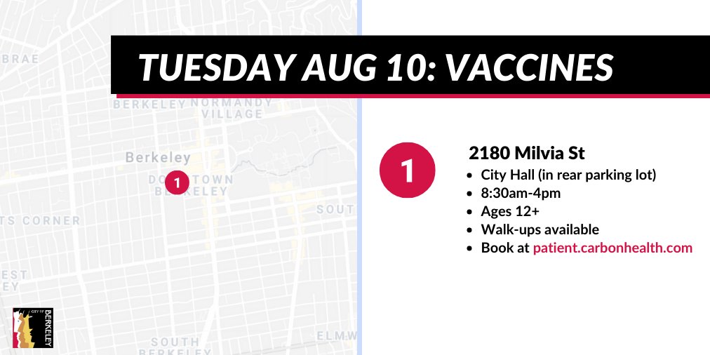 Come get your vaccination today. 

Walk up or make an appointment. We're open for anyone 12+:

💉 2180 Milvia St

If you're receiving a first dose this week, you may receive second doses at a different Berkeley location.

Details &amp; more upcoming clinics cityofberkeley.info/covax