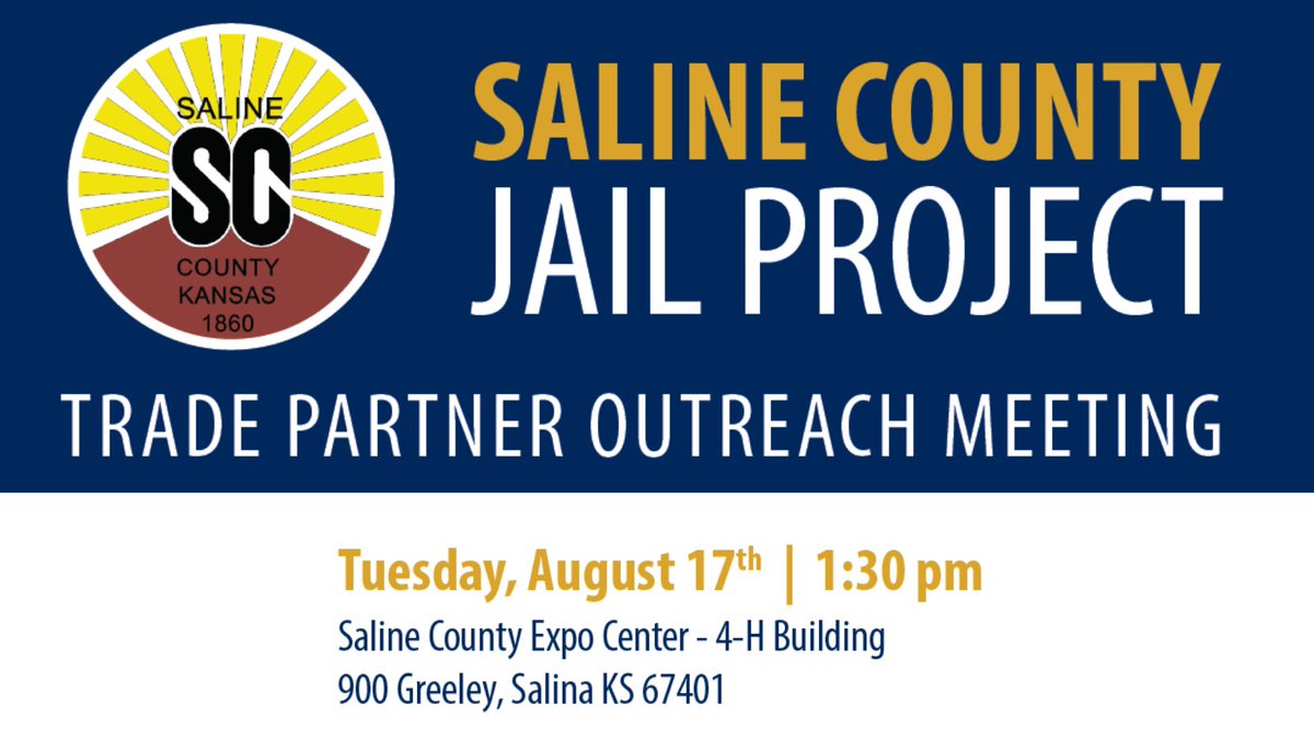 SalineCountyKS's tweet photo. Are you a local contractor or an underutilized business enterprise? Then come to the 4-H building at the Expo Center next Tuesday, August 17, at 1:30 p.m. to learn more about how you can be part of the jail project! https://t.co/rALiTzPbxt