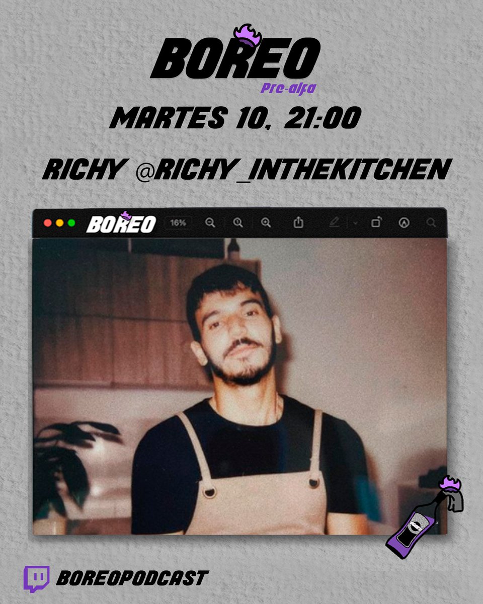 Nos vemos en Twitch hoy con el gran @richy_inthekitchen (en Instagram). Veniros a ver (esta vez sí) a Richy hablar de cocina vegana y celíaca, entre otras cosas :)

twitch.tv/boreopodcast