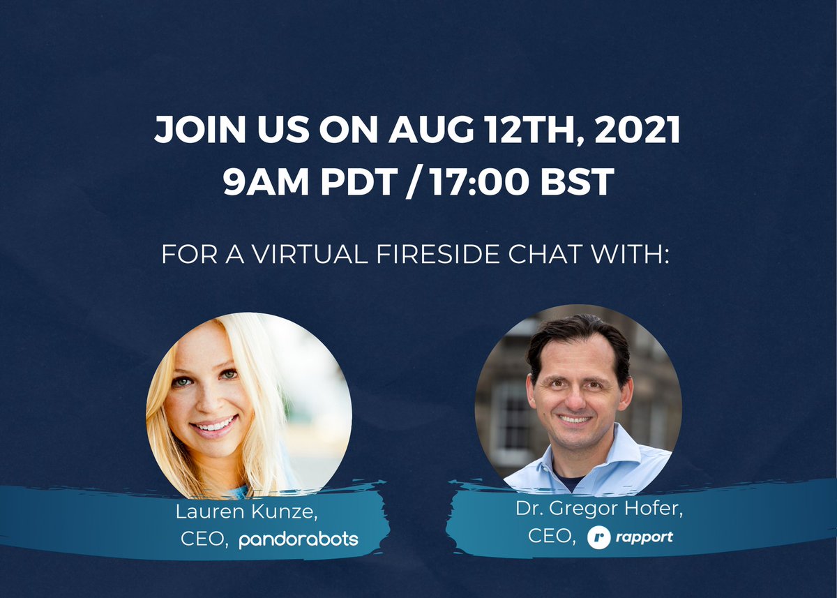 Rapport 🎙 (@rapportcloud) on Twitter photo Join our upcoming Fireside Chat w/<a href="/pandorabots/">Pandorabots</a> CEO, <a href="/laurenkunze/">Lauren Kunze</a> + our very own CEO, @gregorhofer on Aug 12, at 9am PDT. Save your seat: us02web.zoom.us/webinar/regist…
#animation #ai #womenintech Join our upcoming Fireside Chat w/<a href="/pandorabots/">Pandorabots</a> CEO, <a href="/laurenkunze/">Lauren Kunze</a> + our very own CEO, @gregorhofer on Aug 12, at 9am PDT. Save your seat: us02web.zoom.us/webinar/regist…
#animation #ai #womenintech