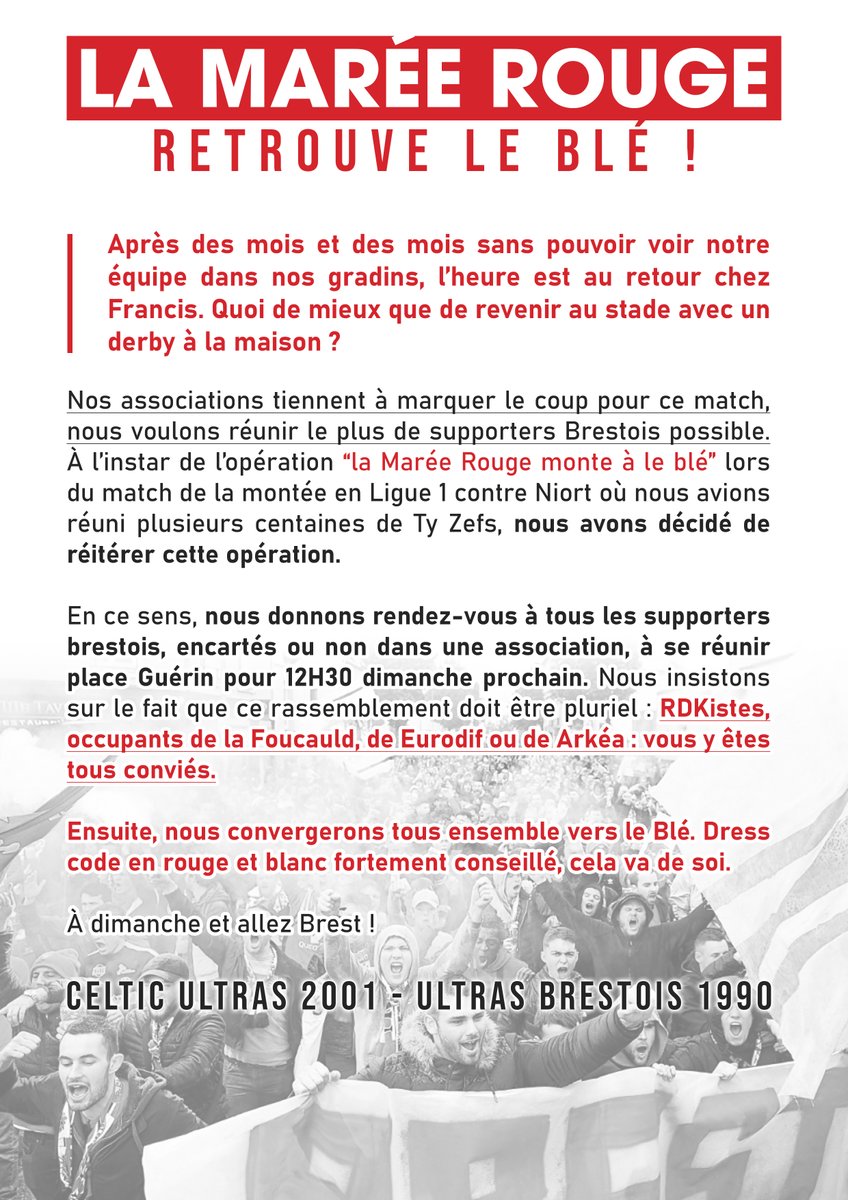 CelticUltras's tweet image. Dimanche prochain marque le grand retour des supporters Brestois au stade Francis-le Blé, c'est le moment de se rassembler !

Tous à Guérin en Rouge &amp;amp; Blanc.
A dimanche.

#BREST #SB29