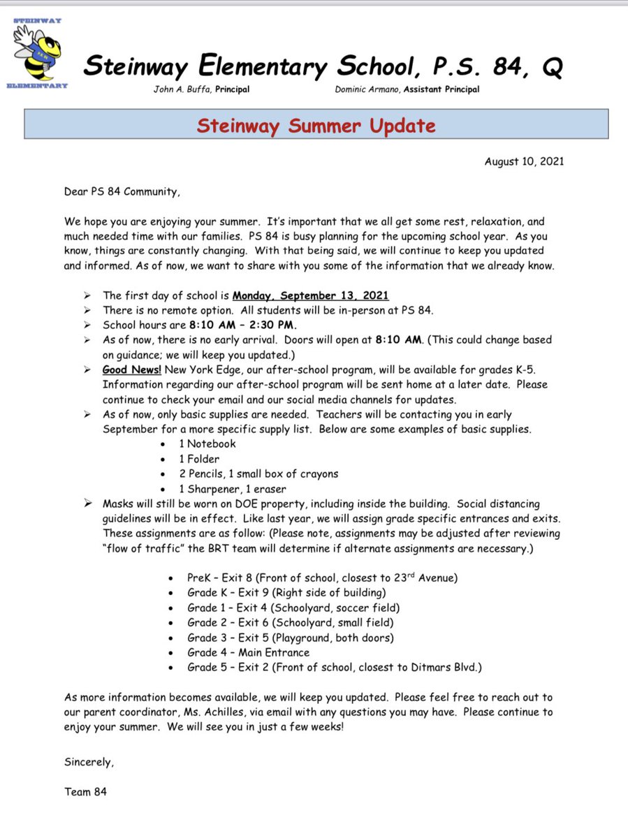 Please see the attached letter which provides some basic information for the #FirstDayOfSchool. We will continue to keep you updated with any new and additional information. 

Hope you enjoy the rest of your #SteinwaySummer! 

#SteinwaySWAG #SteinwaySTRONG #Team84