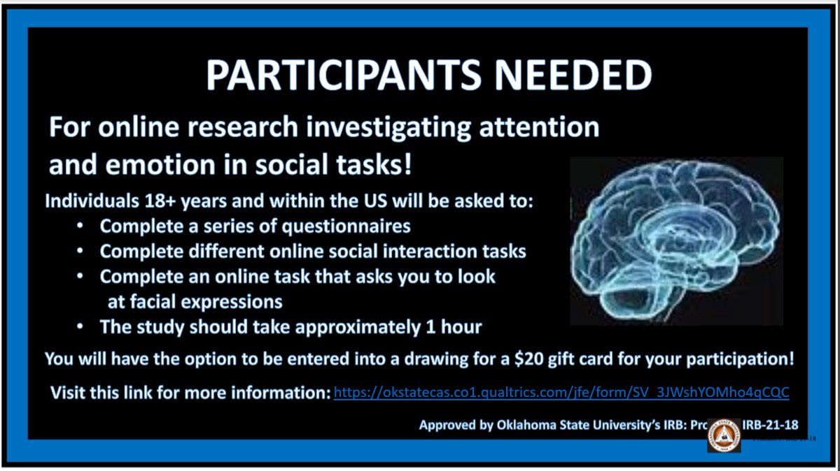 LEAPLab1's tweet image. We’re still recruiting participants for a study on attention and emotion within social interactions! See more below and share with those eligible!
okstatecas.co1.qualtrics.com/jfe/form/SV_3J…