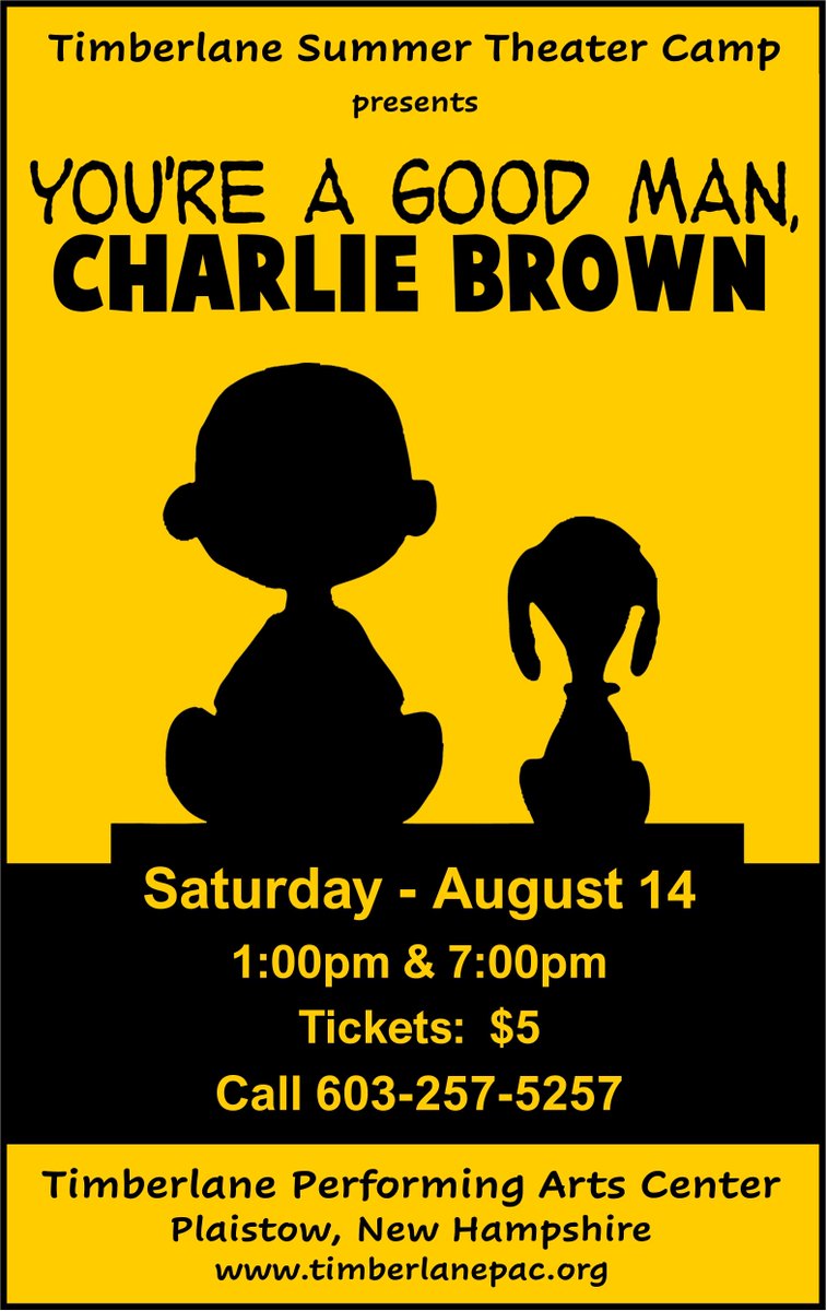 TimberlanePAC's tweet photo. You're a Good Man, Charlie Brown at the Timberlane PAC -- Saturday, August 14th.  Don't miss out! Tickets on sale now! https://t.co/aT1nWfH8jO