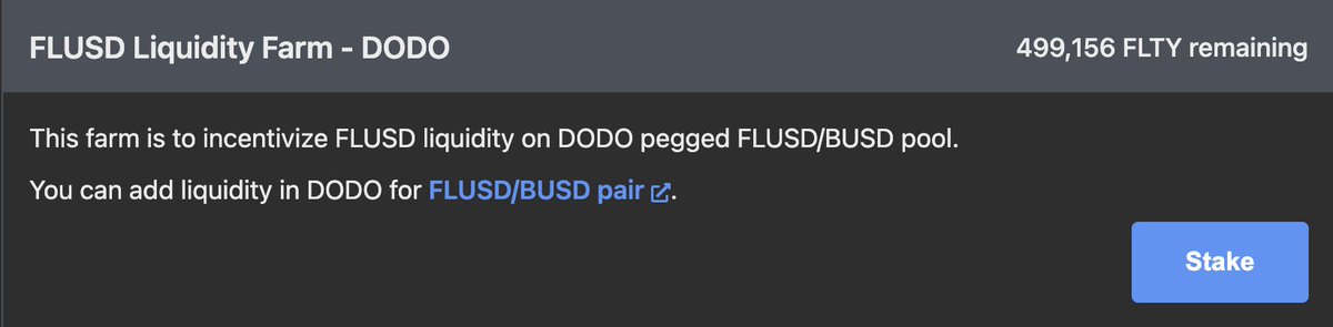 The incentivized #DODO FLUSD-BUSD pool is now live!

Details:
500,000 $FLTY rewards for 1 month on DODO pegged pool $FLUSD / $BUSD LP

fluity.finance/#/farm

#Fluity #FLTY #FLUSD #BUSD <a href="/BreederDodo/">DODO 📜</a>