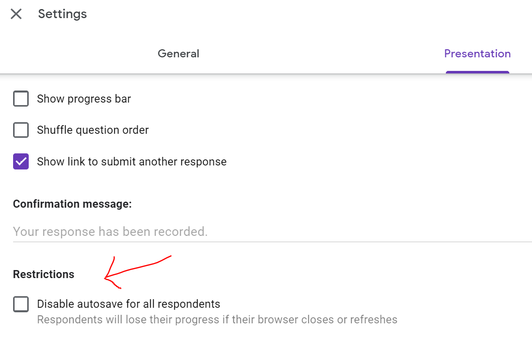 SpurgeonEdTech's tweet photo. Google Forms now has the ability to autosave a response for up to 30 days!  This feature is automatically turned on but teachers can disable it in the SETTINGS. https://t.co/cTxmVcfM2N