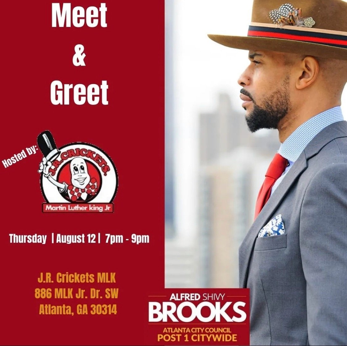 brooksforatl's tweet photo. If you missed our last Meet &amp; Greet at Augie's Cafe, be sure to make this one! Please come and share your top priorities for the next Atlanta City Council. We appreciate J.R. Crickets MLK for hosting this week's Meet &amp; Greet, and we'll see you Thursday, from 7-9P.  #WeCantWait https://t.co/q8Opd5nVo5