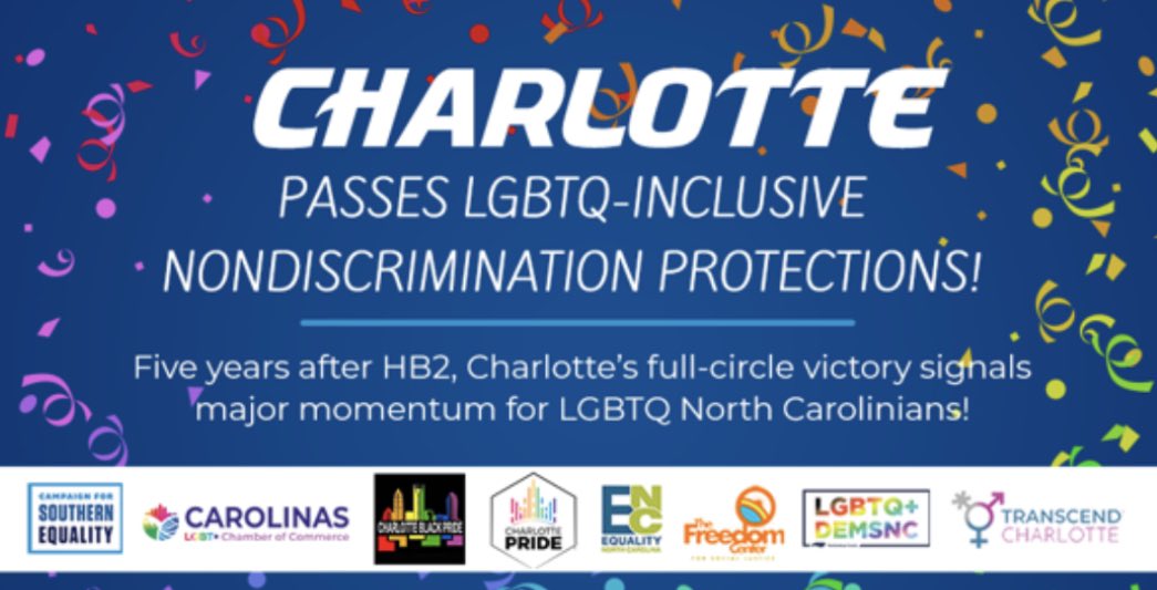 PoderNCAction's tweet photo. Charlotte passed an LGBTQ-inclusive nondiscrimination ordinance last night. This is an incredible moment for all our communities, indicating Charlotte’s commitment to protect everyone in society. #EqualityNC #LGBTQ #NCGA https://t.co/YmtHiZ32PC