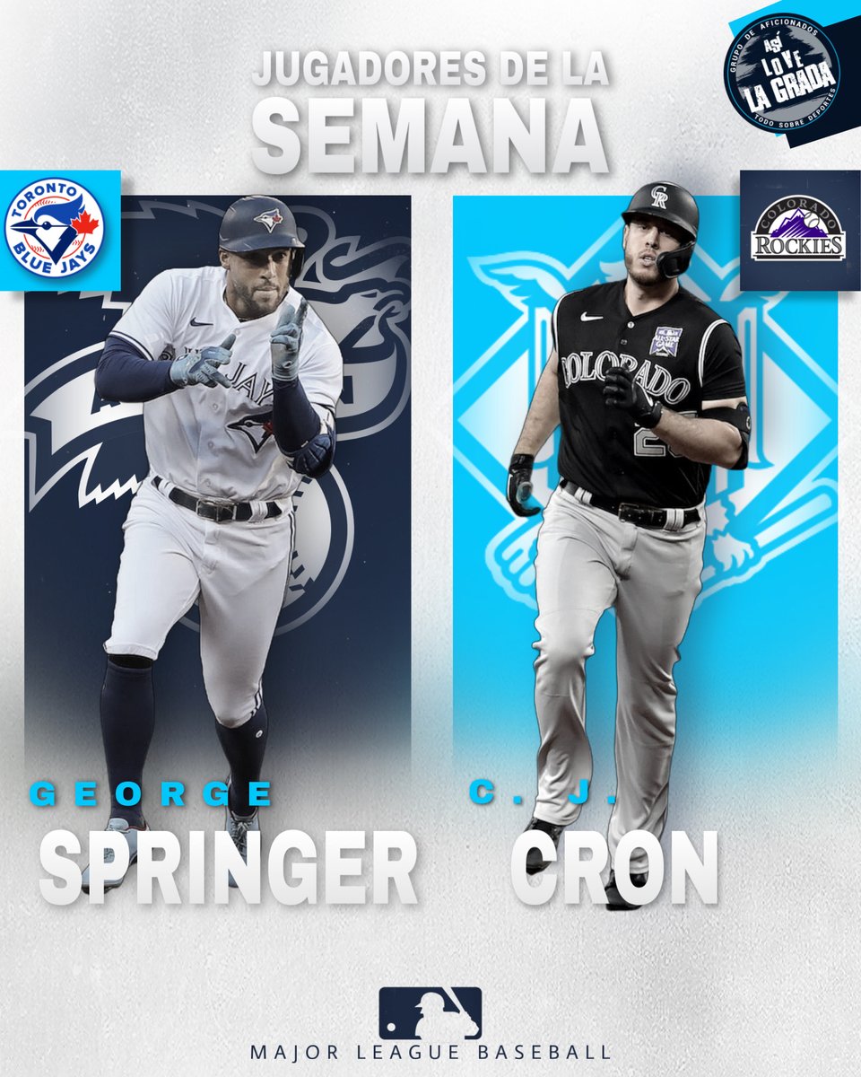 ElOut27's tweet photo. Los jugadores de la grada esta semana en MLB, son: Por la #LigaAmericana #GeorgeSpringer y por la #LigaNacional #CJCron.
#MLB #beisbol #LA #LN #JugadoresDeLaGrada #BlueJays #Rockies #asilovelagrada #asilovelagradabeisbol #jugadoresdelasemana #playeroftheweek #toronto #colorado https://t.co/meMhG4WKQH