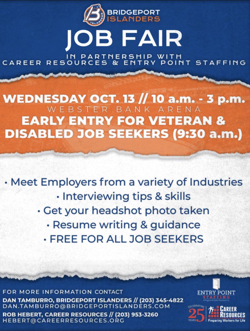 CRI_IncCT's tweet photo. | Job Fair Oct 13.2021 | 
Bridgeport Islanders in partnership w/ Career Resources Inc &amp; Entry Point Staffing is hosting a job fair! 

See flyer for more details! https://t.co/4n7xJgLRNk