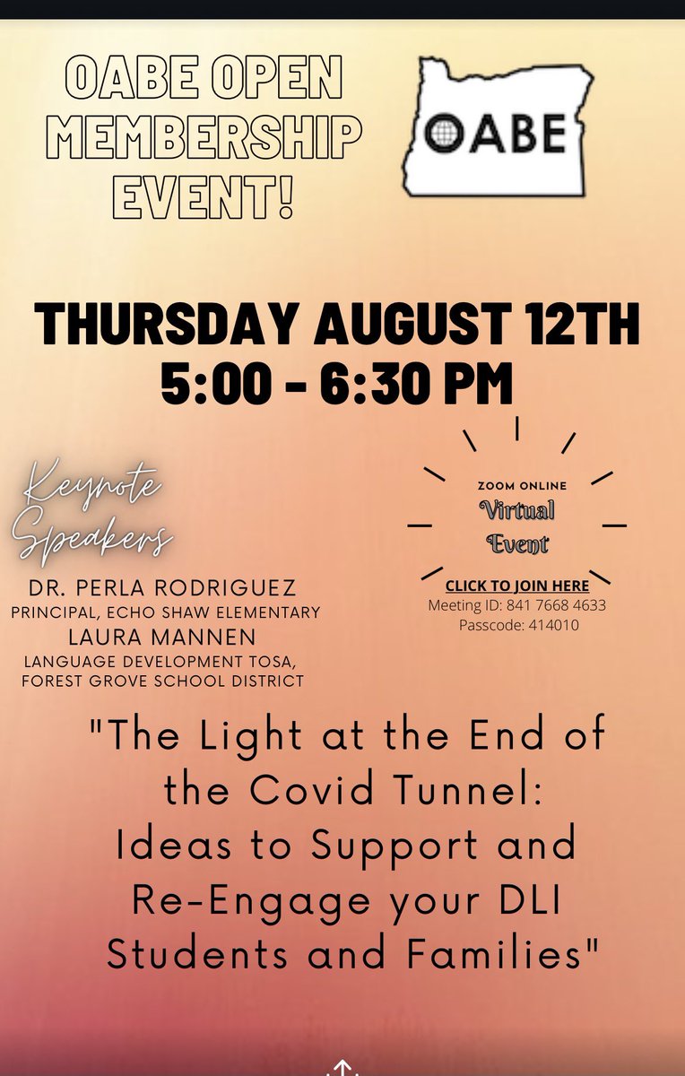 Please join us this Thursday August 12th from 5:00-6:30 for our FREE Virtual OABE Summer Membership  Event.  To join, click on the link below:
us02web.zoom.us/j/84176684633?…